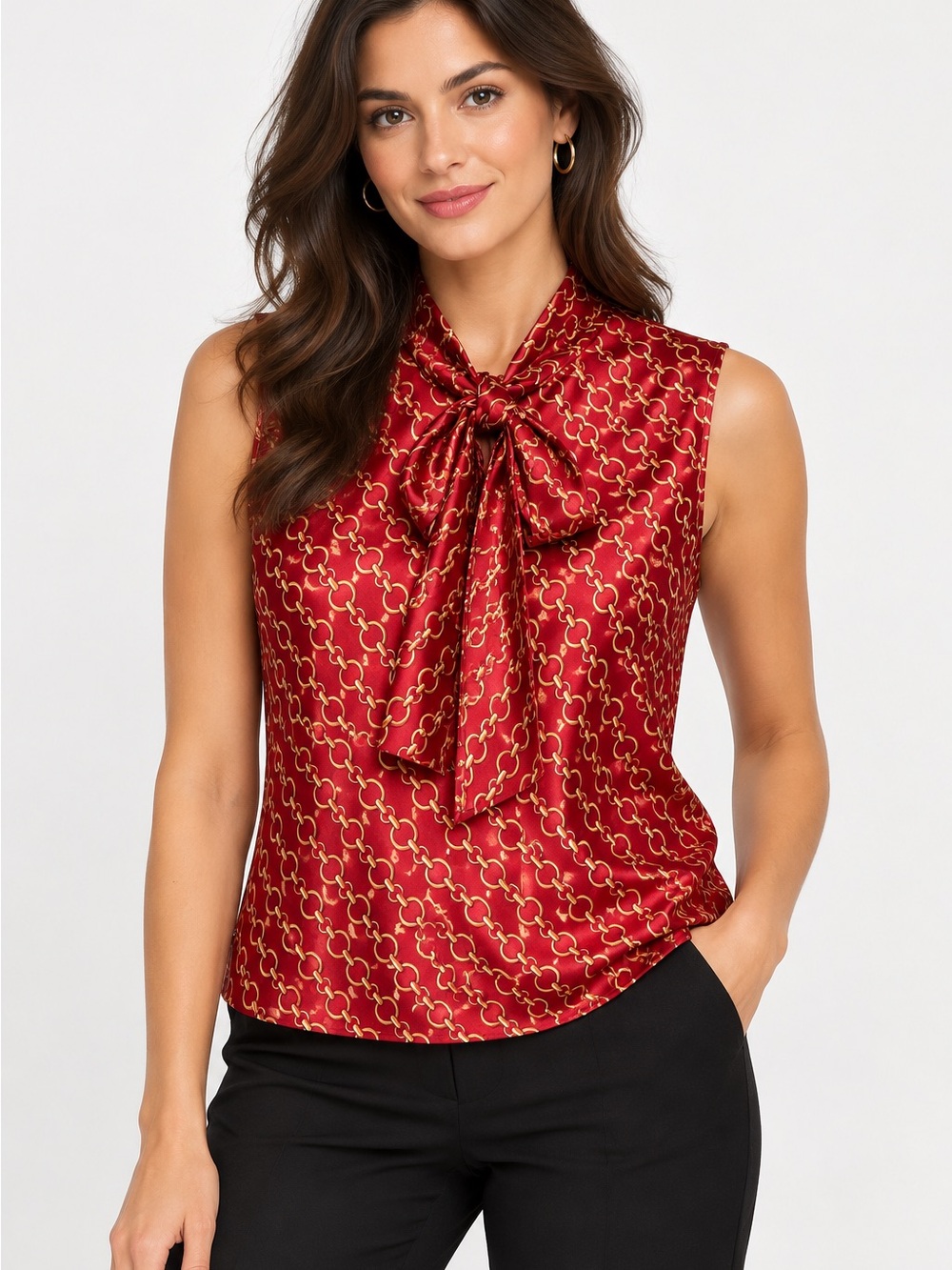 Anne Klein Red Sleeveless Satin Bow-Tie Blouse with Gold Chain Print